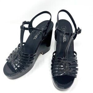 Chanel Black Patent Leather T-Strap CC Logo Wedge Platform Sandals